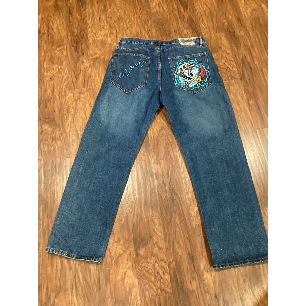 Ed Hardy Men's Size 38x31 Skull Rhinestones Baggy Jeans Skulls Heart Embroidered